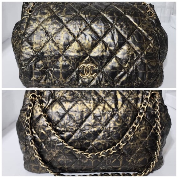 Authentic CHANEL Nylon Printed Quilted Accordion Flap Shoulder Bag Black/Gold - Picture 9 of 16